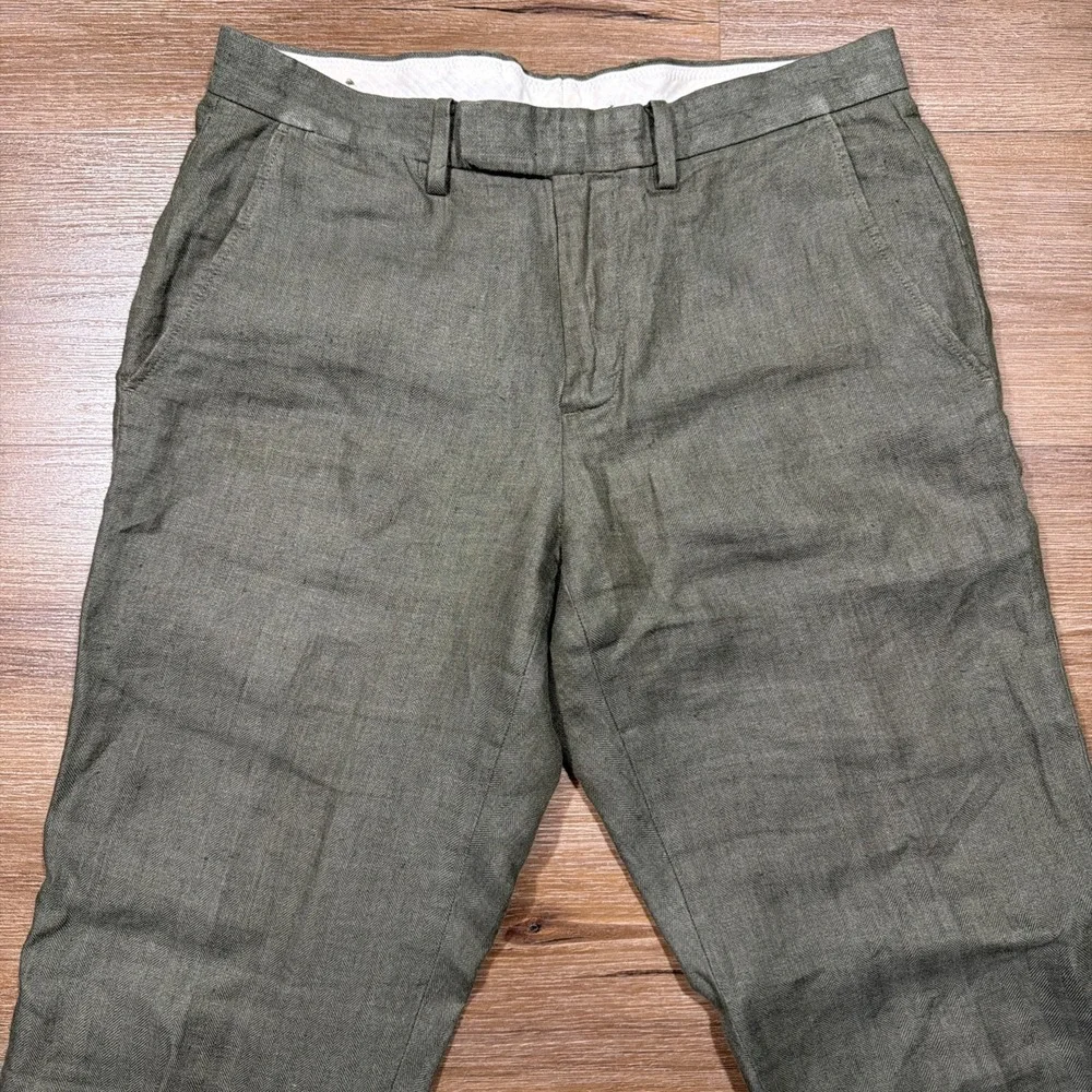 J Crew Bowery Pants Mens 29x30 Green Baird McNutt Irish Linen Herringbone Slim